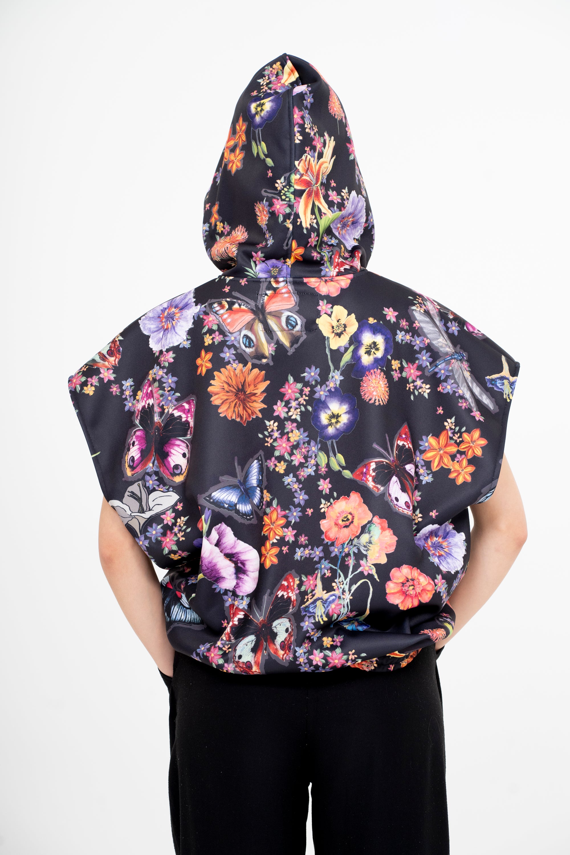 OSCAR MENDOZA Sweat noir à capuche sans manches imprimé papillon et fleur