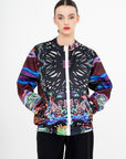 OSCAR MENDOZA Purple jacket with white zip and psychedelic pattern