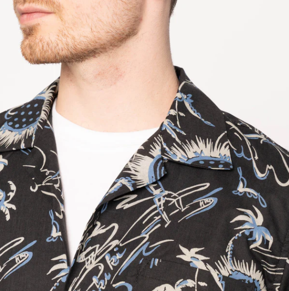 NAKED & FAMOUS Chemise Aloha - Waikiki Waves - Noir