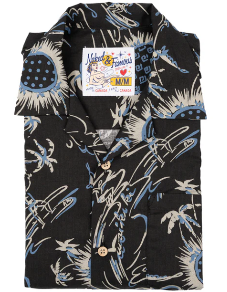 NAKED & FAMOUS Chemise Aloha - Waikiki Waves - Noir