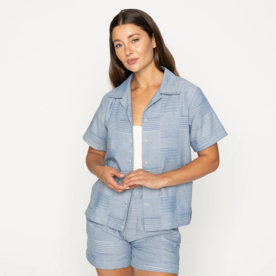 Naked & Famous Chemise Camp Collar - Dobby Patchwork - Bleu pâle