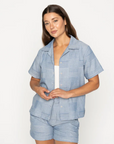 Naked & Famous Camp Collar Shirt - Dobby Patchwork - Pale Blue