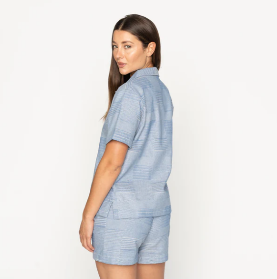 Naked & Famous Chemise Camp Collar - Dobby Patchwork - Bleu pâle