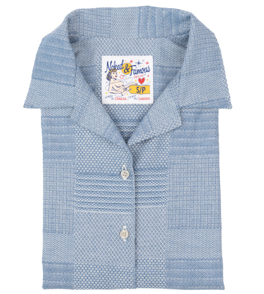 Naked & Famous Chemise Camp Collar - Dobby Patchwork - Bleu pâle