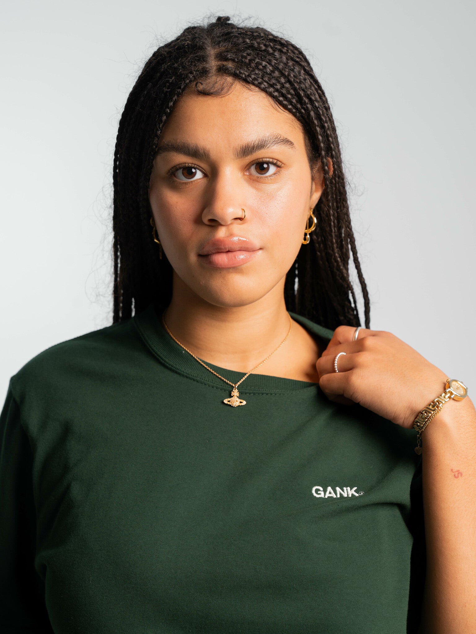 GANK T-Shirt Green Embroidered in Cream