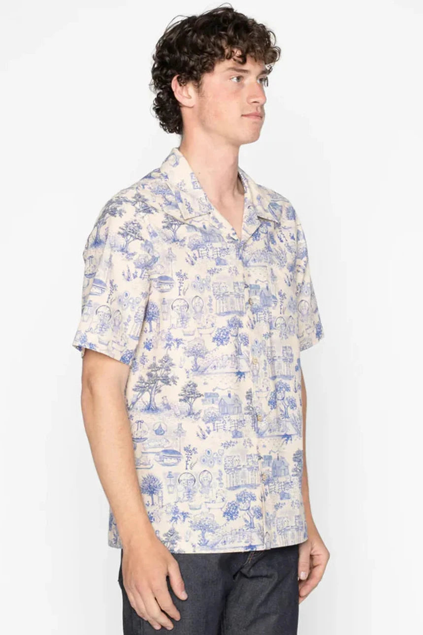 NAKED &amp; FAMOUS Aloha Shirt - Linen Cats -Blue