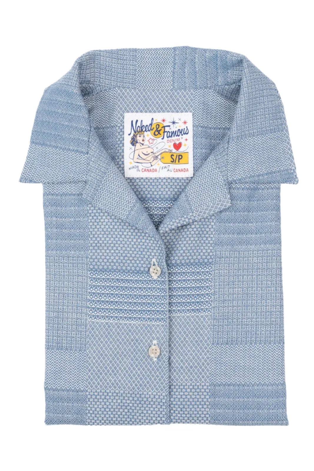 Naked &amp;amp; Famous Camp Collar Shirt - Dobby Patchwork - Pale Blue