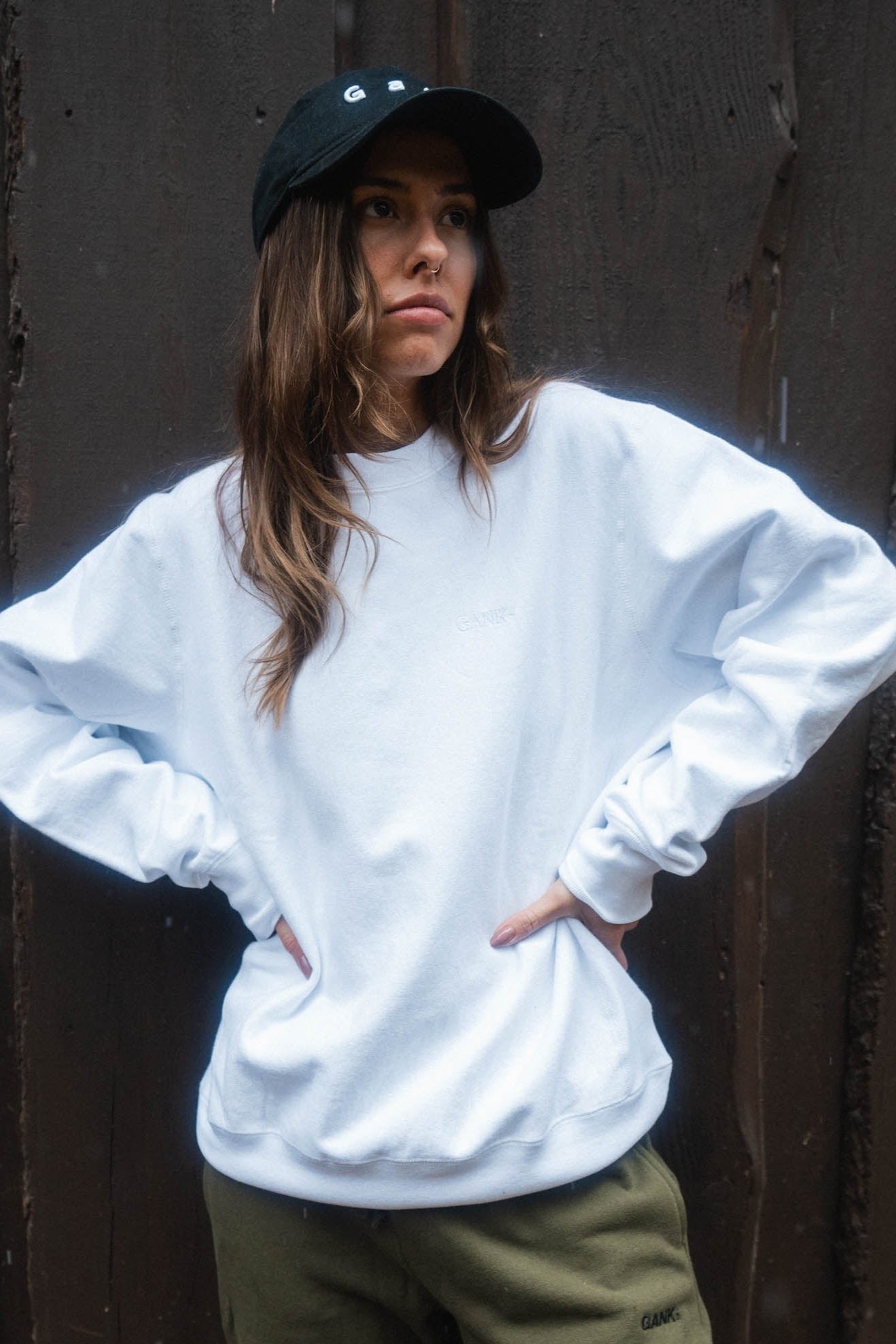 GANK White crew neck sweater with tone-on-tone embroidery