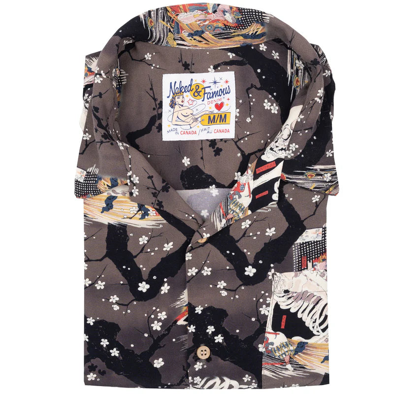 NAKED &amp; FAMOUS- Aloha Shirt Skeletons - Dark Grey